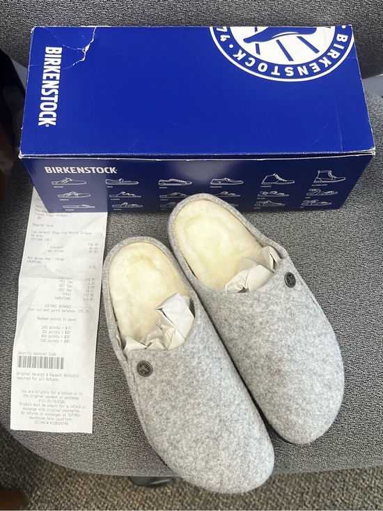 Birkenstock Shoes - Birkenstock Light Grey Slip-On Shearling Slippers